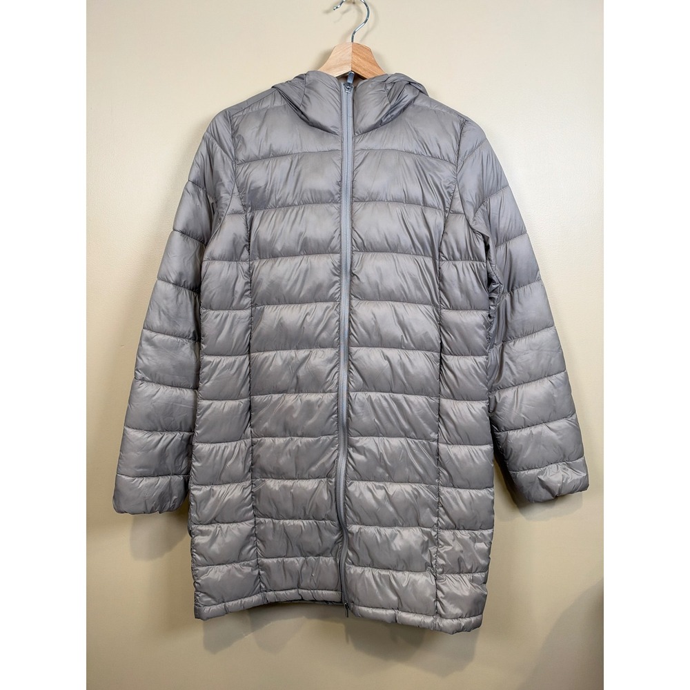 Athleta Puffer Jacket Women XS Tan Slim Long Hooded Lightweight Quilted Coat